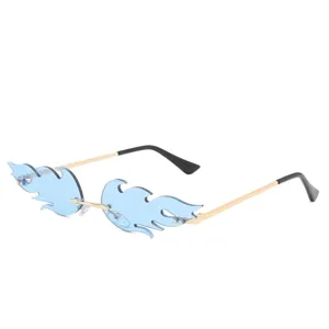 Gafas de sol sin montura con forma de llama y lentes azules para fiesta