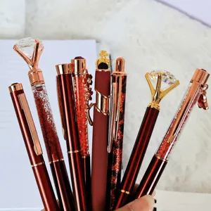 Red diamond ballpoint pen set, crystal glitter liquid luxury writing pens for school.
