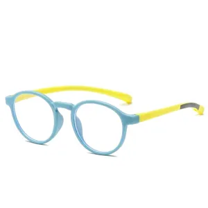 Gafas infantiles con filtro de luz azul, montura de silicona azul claro y patillas amarillas.
