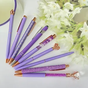 Purple ballpoint pen set, 9 pieces cute rose gold decorative assorted crystal pens.