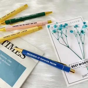 Detailed view of 5-pack colorful funny teacher ballpoint pens set with motivational quotes.