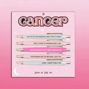 Set of 5 Cancer constellation theme ballpoint pens with pink backing card for daily writing.