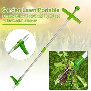 Stand up weed puller tool detail showing stainless steel prongs, foot pedal and comfort grip handle.