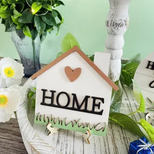 Rustic farmhouse tiered tray wooden decor sign with home lettering and heart detail for table.