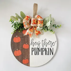 Fall pumpkin wooden door sign with bow and green leaves autumn farmhouse hanging decor