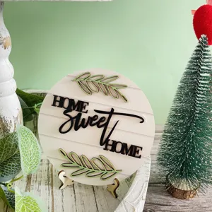 Detail shot of wooden tiered tray sign featuring sweet home text and rustic farmhouse decor.