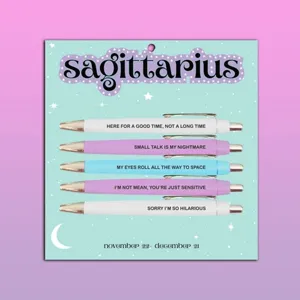 5-pack Sagittarius constellation ballpoint pens set with funny quote designs and backing card.