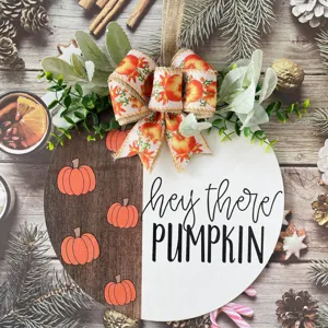 Fall pumpkin wooden hanging sign autumn door decor rustic plaque with bow and green leaves