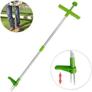 Long handle manual weed puller tool with ergonomic green T-handle and sharp prongs for garden.