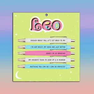 5-piece Leo constellation ballpoint pen set with funny quotes on a green backing card