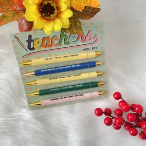 Teacher pen set detail showing 5 colorful ballpoint pens with humorous quotes on card.