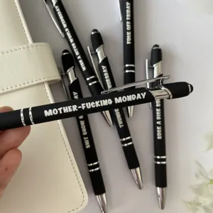 Lustiges 7-teiliges schwarzes Kugelschreiber-Set mit Touchpen-Spitze und witzigen Sprüchen.