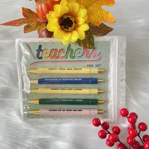 Creative Teacher Theme Ballpoint Pens Set 5 Pieces Metal Retractable Pens With English Slogans School Office Stationery