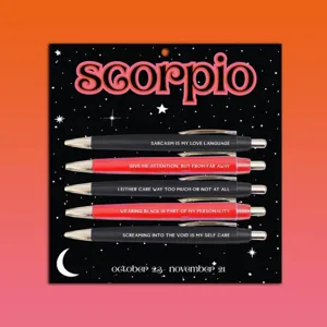 Scorpio constellation retractable ballpoint pen set with five quote pens on backing card.