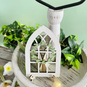 Farmhouse tiered tray wooden arch window decor with green leaf wreath for tabletop display