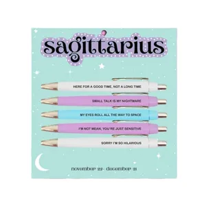 Sagittarius zodiac theme 5-piece ballpoint pen set with funny quotes on pastel card.