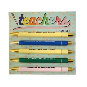 5-piece teacher ballpoint pen set with funny quotes on backing card for school gift