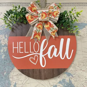 Fall wooden door sign with pumpkin bow and green leaves autumn hanging home decoration