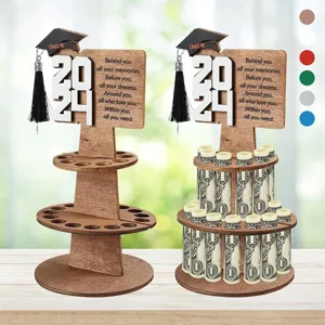 Wooden tiered graduation money holder detail showing cash display for graduation gift.