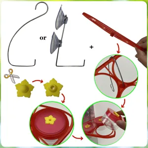 Detailed view of hummingbird feeder parts, hooks, suction cups, and flower feeding ports.