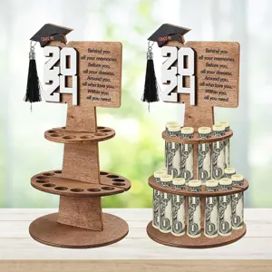 Wooden tiered graduation money holder display stand with 2024 sign and cap for gift 1pc