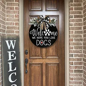 Wooden door sign with bow and cute dog welcome text for front door decoration