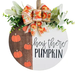 Autumn Pumpkin Wooden Door Sign Fall Harvest Door Hanger with Greenery Leaves and Bow
