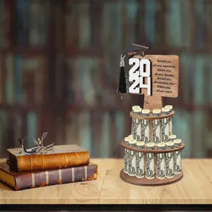 Wooden graduation money holder tiered cash gift stand with 2024 and cap decor for grad party.
