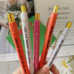 Set penne a sfera retrattili con citazioni divertenti, design colorato, 5 pezzi per uso quotidiano.