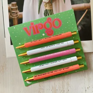 Set penne a sfera tema zodiacale Vergine, confezione da 5 penne a scatto con frasi divertenti.