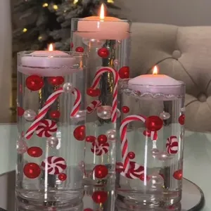 Natale candela galleggiante vaso riempimento set con perle rosse bianche bastoncini