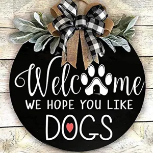 Wooden welcome door sign with buffalo check bow and cute dog paw print for front porch decor