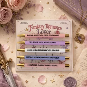 Set van 5 Romantasy balpen met romantische fantasie citaatkaarten voor echte boekenliefhebbers.