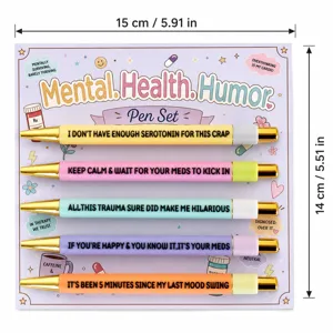 Mental health humor pen set with five colorful funny quote ballpoint pens on card package.