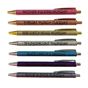 7pcs funny glitter ballpoint pens set with weekly profane quotes, retactable novelty pens.