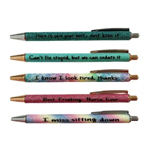 Funny nurse ballpoint pen set with colorful glitter finish and humorous text quotes.