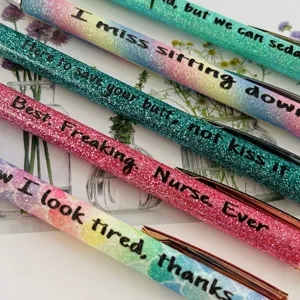 Colorful glitter ballpoint pens set with funny quotes, novelty office stationery gifts.