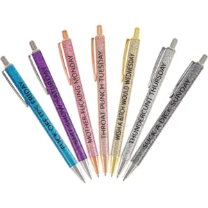 Set of 7 funny glitter ballpoint pens with daily novelty phrases for daily office use.