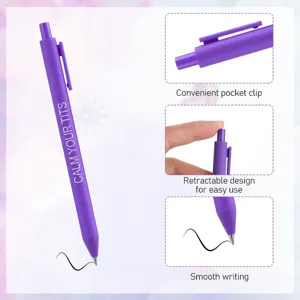 Purple retractable ballpoint pen with funny novelty text, smooth writing and convenient clip.