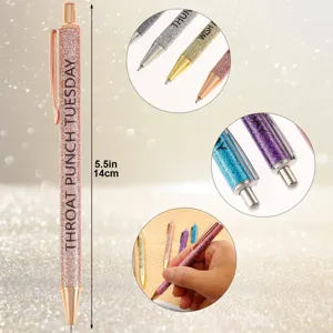 Close-up detail view of glitter retractable ballpoint pens showing sparkling barrel and metal clip.
