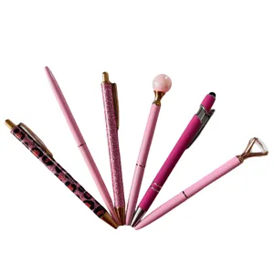 6-piece pink ballpoint pen set featuring diamond topper, glitter barrel, and cute stylus.
