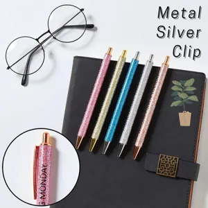 Set of 7 colorful glitter retractable ballpoint pens with metal silver clip for daily office use.
