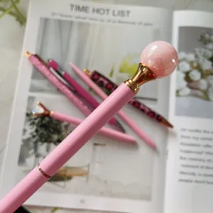 Pink ballpoint pen set, cute crystal pearl top design, smooth writing stationery for office school.