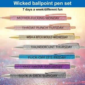 7pcs funny glitter ballpoint pens set with weekly funny quotes, metal press pens for gift.