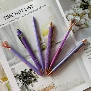 Set of 6 purple ballpoint pens featuring cute crown, glitter, and crystal diamond designs.