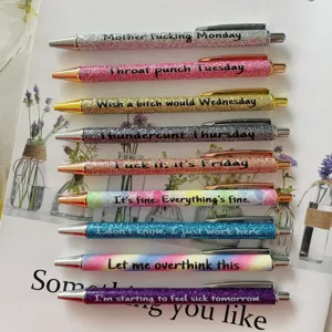 Set of 9 novelty glitter ballpoint pens with funny weekday quotes, smooth writing metal pens.