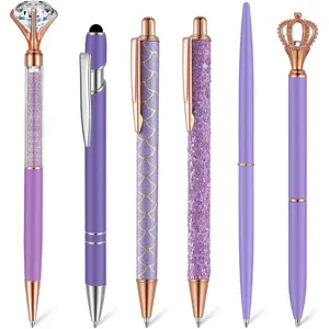 Set of 6 luxury purple ballpoint pens featuring rhinestone diamond, crown, and glitter accents.