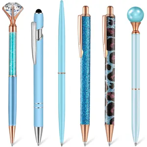 Stylish 6-piece decorative ballpoint pen set with crystal diamond and glitter in blue.