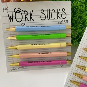 Set di 5 penne a sfera da ufficio divertenti e colorate con supporto in cartone per regalo.