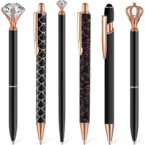 Set of 6 luxury black and rose gold ballpoint pens with crystal diamond and crown toppers.